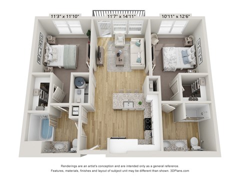 Floor plan for 2 beds, 2 baths, 917 sqft
